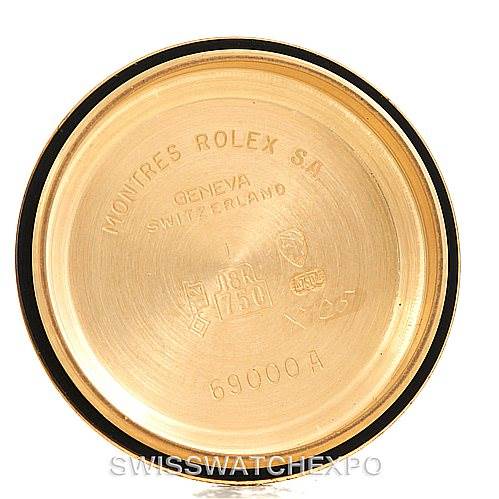 The image shows the interior case back of a Rolex President 69158 Women's Yellow Gold Champagne Dial 69158 Women's Yellow Gold Champagne Dial watch, displaying branding and specifications.
