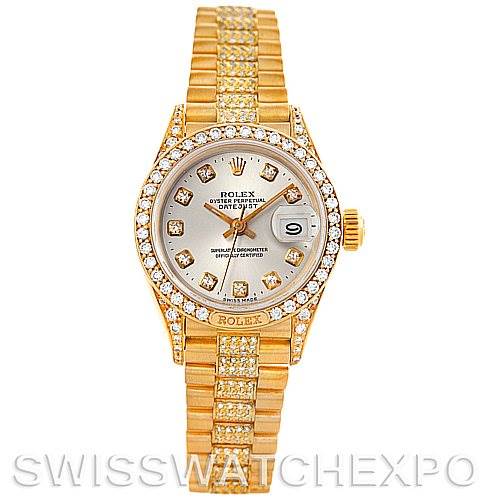 The image shows a frontal view of a Rolex President 69158 Women's Yellow Gold Champagne Dial 69158 Women's Yellow Gold Champagne Dial model watch with a gold band and diamond accents.
