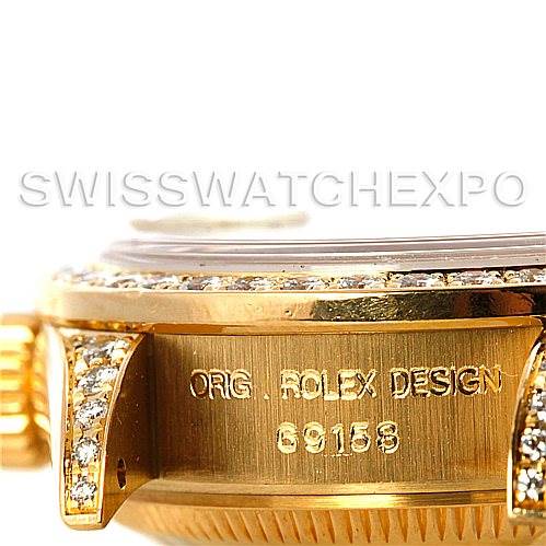 The image shows a side view of the Rolex President 69158 Women's Yellow Gold Champagne Dial 69158 Women's Yellow Gold Champagne Dial watch case, highlighting the crown and model number (69158) engraving.