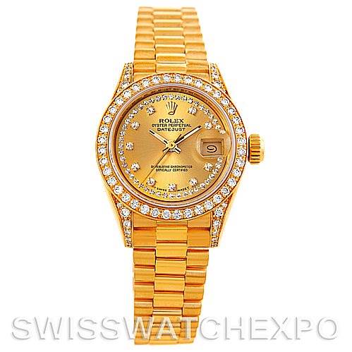 The image shows a front view of the Rolex President 69158 Women's Yellow Gold Champagne Dial 69158 Women's Yellow Gold Champagne Dial model watch, displaying its face, bezel, case, bracelet, and crown.