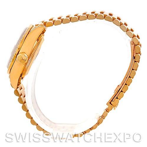 Side view of a Rolex President 69158 Women's Yellow Gold Champagne Dial 69158 Women's Yellow Gold Champagne Dial model watch displaying the case, crown, and bracelet.