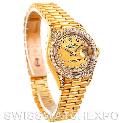 The image shows a Rolex President 69158 Women's Yellow Gold Champagne Dial 69158 Women's Yellow Gold Champagne Dial model watch from a front and slightly angled side view, highlighting its gold finish and diamond bezel.