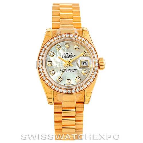 This image shows a front view of a Rolex President 179138 Women's Yellow Gold Mother of Pearl Dial 179138 Women's Yellow Gold Mother of Pearl Dial model watch, highlighting its face, diamond bezel, and gold bracelet.
