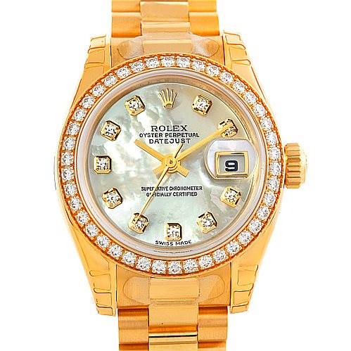 The Rolex President 179138 Women's Yellow Gold Mother of Pearl Dial 179138 Women's Yellow Gold Mother of Pearl Dial model is shown from a top-down angle, displaying its face, bezel, crown, and partial band.