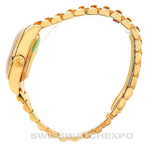 The image shows a side view of the Rolex President 179138 Women's Yellow Gold Mother of Pearl Dial 179138 Women's Yellow Gold Mother of Pearl Dial model watch, featuring the bracelet and the crown.