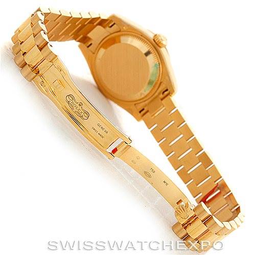 The image shows the backside and bracelet clasp of a Rolex President 179138 Women's Yellow Gold Mother of Pearl Dial 179138 Women's Yellow Gold Mother of Pearl Dial model watch.