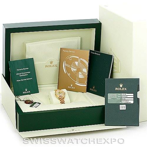 The image displays a Rolex President 179138 Women's Yellow Gold Mother of Pearl Dial 179138 Women's Yellow Gold Mother of Pearl Dial model watch along with its packaging, warranty booklet, factory service book, and a wallet.