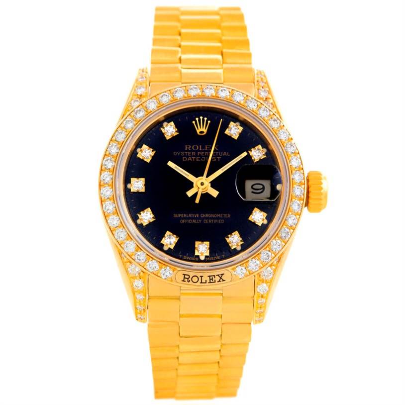 This Rolex President 69158 Women's Yellow Gold Black Dial 69158 Women's Yellow Gold Black Dial model is shown from a top view, highlighting the watch face, bezel, and part of the gold bracelet.