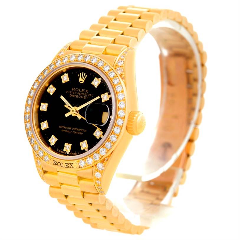 The image shows a Rolex President 69158 Women's Yellow Gold Black Dial 69158 Women's Yellow Gold Black Dial model watch from a front angle, highlighting its dial, bezel, crown, and bracelet.