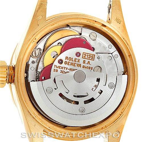 This image shows the internal mechanism of the Rolex President 69088 Women's Yellow Gold Blue Dial 69088 Women's Yellow Gold Blue Dial model watch from a rear angle.