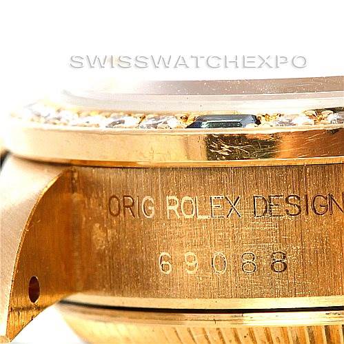 The image shows a close-up of the side of a Rolex President 69088 Women's Yellow Gold Blue Dial 69088 Women's Yellow Gold Blue Dial model watch, highlighting the "ORIG ROLEX DESIGN 69088" engraving.