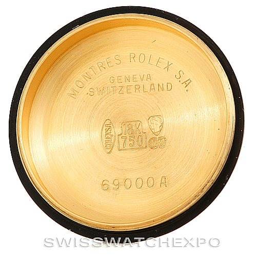 This image shows the inside case back of a Rolex President 69198 Women's Yellow Gold Blue Dial 69198 Women's Yellow Gold Blue Dial model, displaying the brand name and model number.