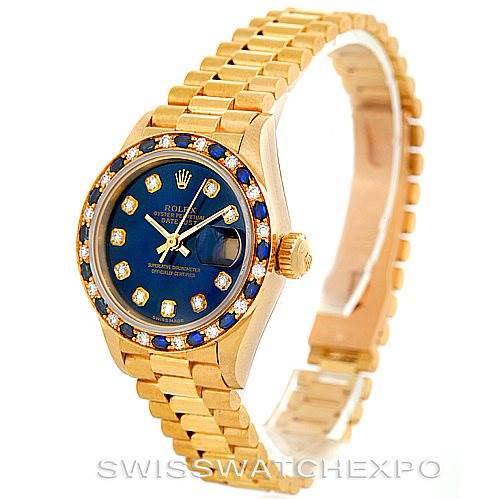 Rolex President Ladies 18k Yellow Gold Diamonds Sapphires Watch 69198 SwissWatchExpo