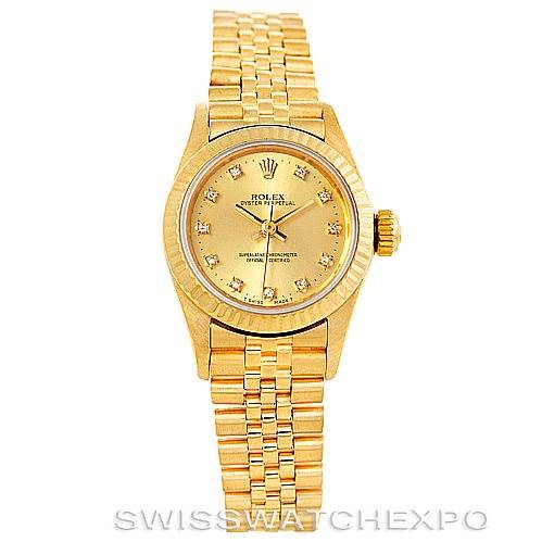 This image shows a front view of a Rolex President 67198 Women's Yellow Gold Champagne Dial 67198 Women's Yellow Gold Champagne Dial model watch, displaying the dial, bezel, and bracelet.
