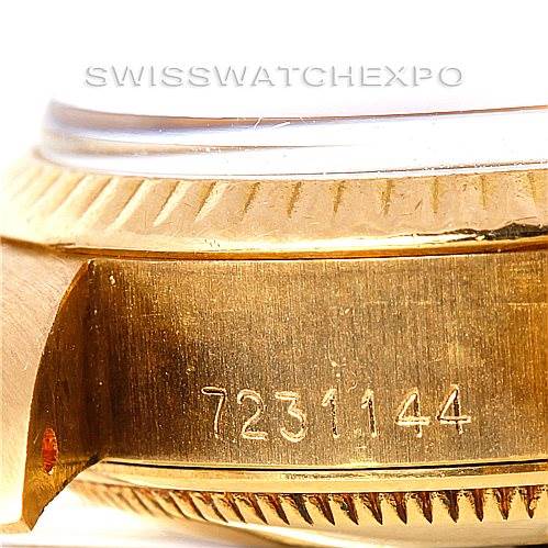 This image shows a close-up of the side of a Rolex President 6917 Women's Yellow Gold Champagne Dial 6917 Women's Yellow Gold Champagne Dial model watch, displaying its serial number.