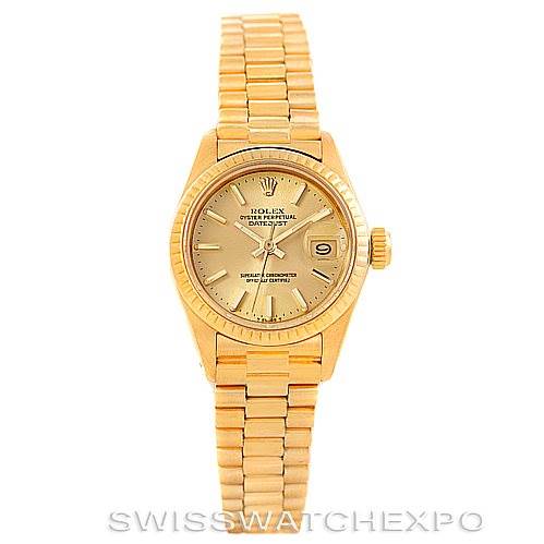 This image shows a front view of the Rolex President 6917 Women's Yellow Gold Champagne Dial 6917 Women's Yellow Gold Champagne Dial model watch, highlighting its dial, bezel, and bracelet.