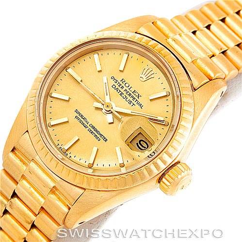This image shows a close-up of a Rolex President 6917 Women's Yellow Gold Champagne Dial 6917 Women's Yellow Gold Champagne Dial model watch, highlighting the dial, crown, and bracelet.
