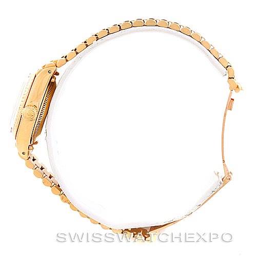 The Rolex President 6917 Women's Yellow Gold Champagne Dial 6917 Women's Yellow Gold Champagne Dial model watch is shown from a side view, highlighting its gold case and bracelet.