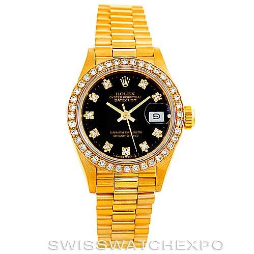 This image shows a full frontal view of a Rolex President 69178 Women's Yellow Gold Black Dial 69178 Women's Yellow Gold Black Dial model watch, displaying the dial, bezel, bracelet, and crown.