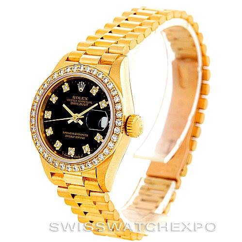 The image shows a Rolex President 69178 Women's Yellow Gold Black Dial 69178 Women's Yellow Gold Black Dial model watch from an angled side view, featuring a gold bracelet, black dial, and diamond-set bezel.