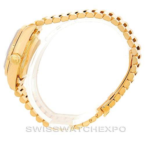 Side view of the Rolex President 69178 Women's Yellow Gold Black Dial 69178 Women's Yellow Gold Black Dial model showing the gold case, crown, and bracelet.