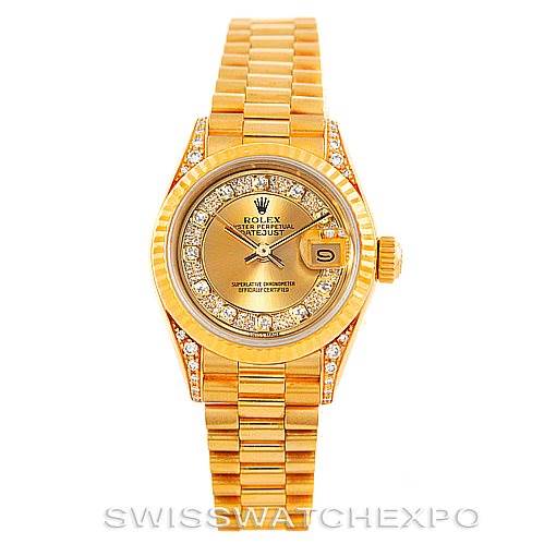 This image shows a frontal view of a Rolex President 69238 Women's Yellow Gold Champagne Dial 69238 Women's Yellow Gold Champagne Dial model watch with a gold bracelet and diamond accents on the bezel and dial.
