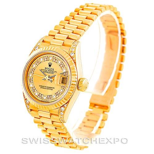 The image shows a side angle of the Rolex President 69238 Women's Yellow Gold Champagne Dial 69238 Women's Yellow Gold Champagne Dial model watch, highlighting the gold bracelet, bezel, and face.