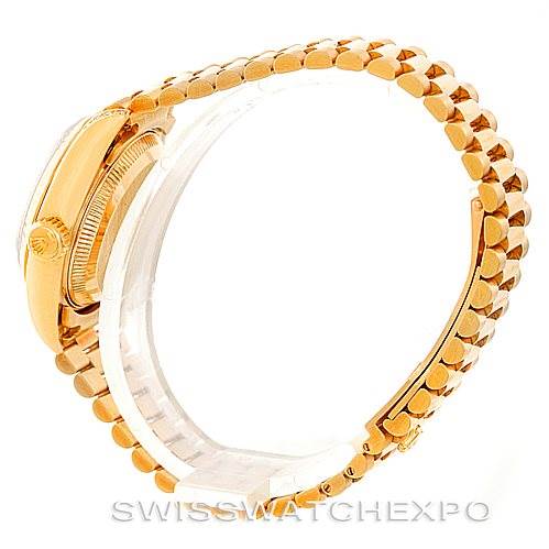 The image shows a side profile of a Rolex President 69238 Women's Yellow Gold Champagne Dial 69238 Women's Yellow Gold Champagne Dial model watch, highlighting its gold case and bracelet.