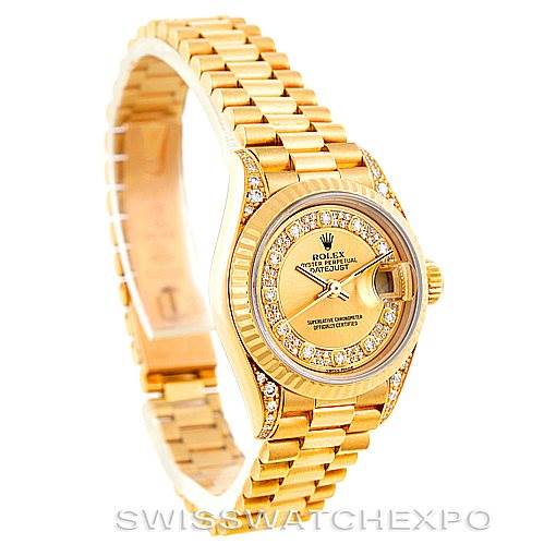 The image shows a side view of the Rolex President 69238 Women's Yellow Gold Champagne Dial 69238 Women's Yellow Gold Champagne Dial model watch, highlighting its gold bracelet and diamond-encrusted bezel and dial.