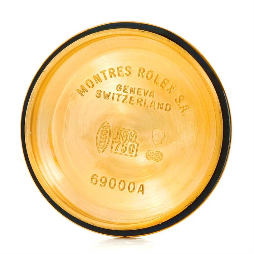 This is the interior view of the case back from a Rolex President 69158 Women's Yellow Gold Black Dial 69158 Women's Yellow Gold Black Dial model watch.