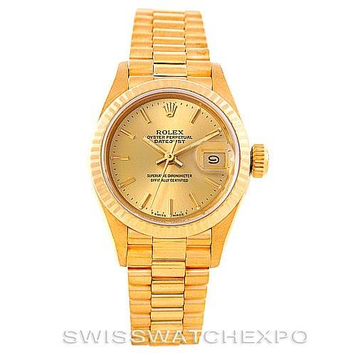 The Rolex President 69178 Women's Yellow Gold Champagne Dial 69178 Women's Yellow Gold Champagne Dial model is shown from a front angle, displaying the dial, bezel, bracelet, and date window.