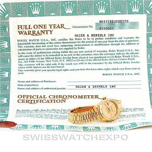 The image shows a warranty certificate for a Rolex President 69178 Women's Yellow Gold Champagne Dial 69178 Women's Yellow Gold Champagne Dial model watch, with an illustration of the watch at the bottom.