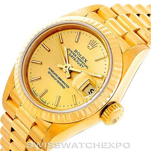 The image shows a Rolex President 69178 Women's Yellow Gold Champagne Dial 69178 Women's Yellow Gold Champagne Dial Datejust watch at an angle displaying the face, crown, and part of the bracelet.