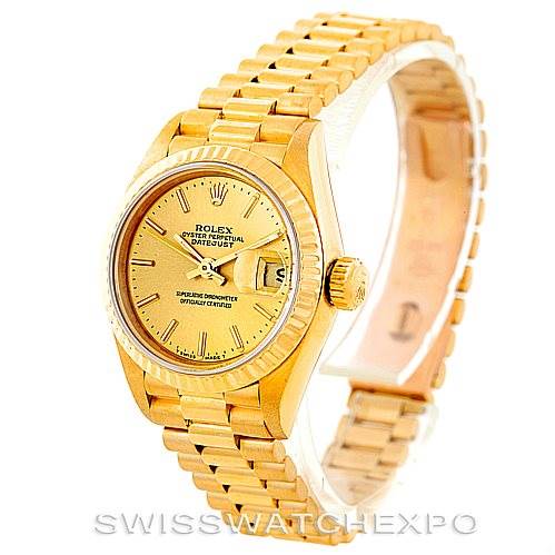 The image shows the Rolex President 69178 Women's Yellow Gold Champagne Dial 69178 Women's Yellow Gold Champagne Dial model watch at a three-quarter angle, highlighting its gold bracelet, dial, and crown.