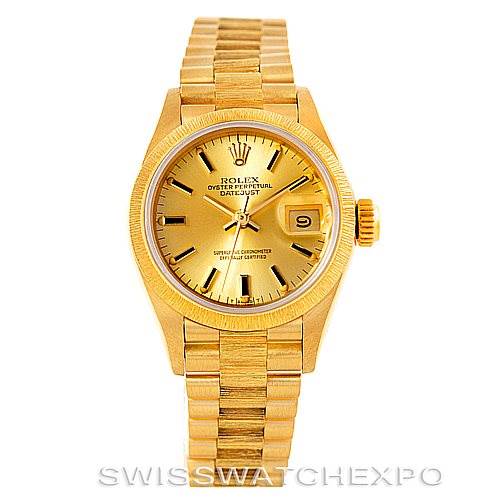 This image shows a frontal view of the Rolex President 69278 Women's Yellow Gold Champagne Dial 69278 Women's Yellow Gold Champagne Dial model watch, highlighting the face, bezel, crown, and bracelet.