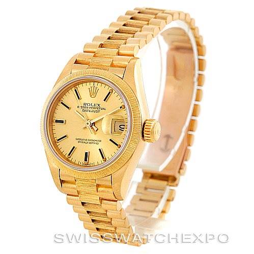 The image shows a Rolex President 69278 Women's Yellow Gold Champagne Dial 69278 Women's Yellow Gold Champagne Dial model watch at a three-quarter angle, displaying the bracelet, dial, and crown.