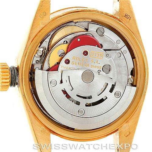 The image shows the inner movement and mechanics of a Rolex President 69178 Women's Yellow Gold Brown Dial 69178 Women's Yellow Gold Brown Dial model watch from a rear angle with the case back removed.