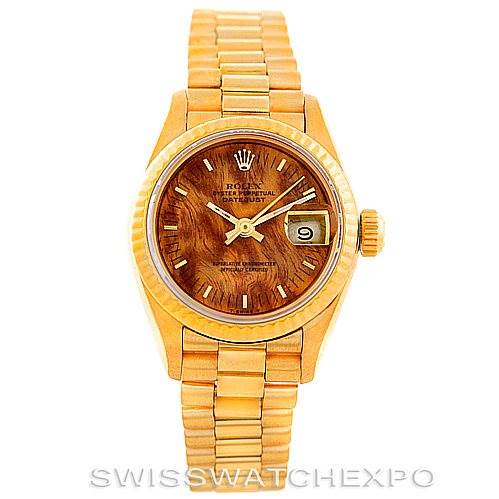 The Rolex President 69178 Women's Yellow Gold Brown Dial 69178 Women's Yellow Gold Brown Dial model is shown from a top-down angle, showcasing the face, dial, bezel, and bracelet.