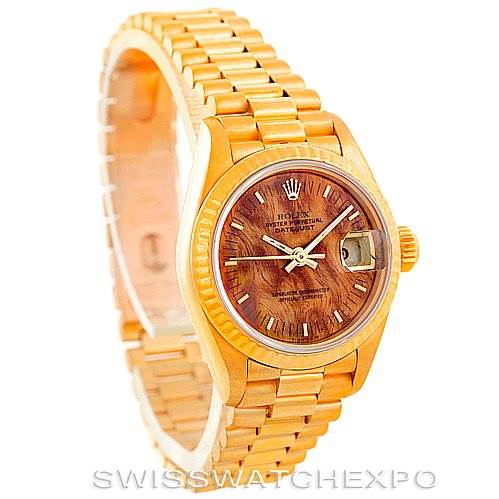 The Rolex President 69178 Women's Yellow Gold Brown Dial 69178 Women's Yellow Gold Brown Dial model is shown at an angle displaying its face, bezel, and bracelet.