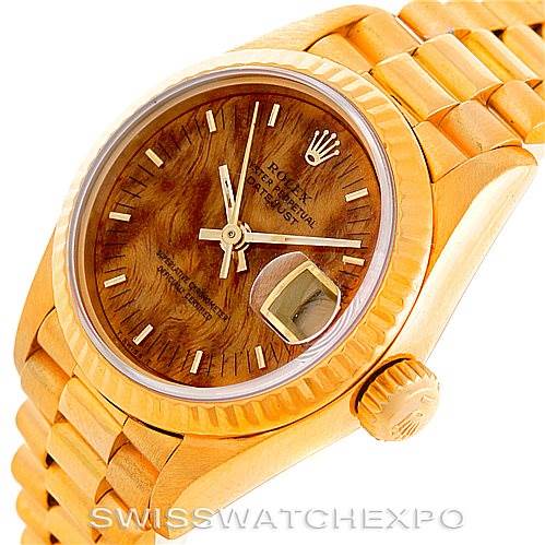 The image shows a Rolex President 69178 Women's Yellow Gold Brown Dial 69178 Women's Yellow Gold Brown Dial model watch at an angled view, highlighting its dial, case, crown, and bracelet.