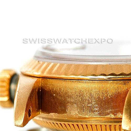 The image shows a close-up side angle of the case and crown of a Rolex President 69178 Women's Yellow Gold Brown Dial 69178 Women's Yellow Gold Brown Dial watch, highlighting the engraved model number.