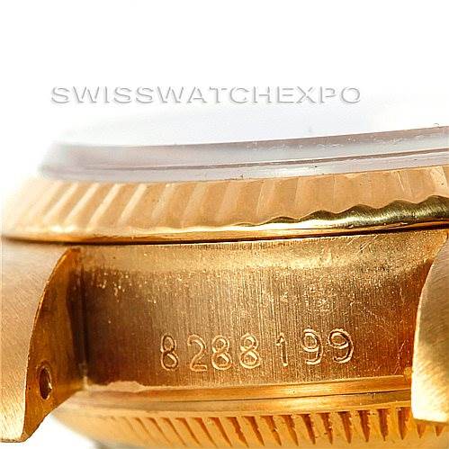 This image shows a close-up angle of the Rolex President 69178 Women's Yellow Gold Brown Dial 69178 Women's Yellow Gold Brown Dial watch case, highlighting the serial number engraved on its side.