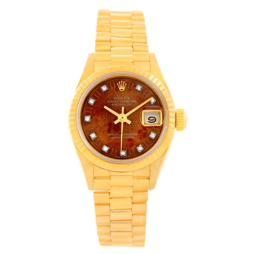 This image shows a Rolex President 69178 Women
s Yellow Gold Brown Dial 69178 Women
s Yellow Gold Brown Dial model watch with a full frontal view, displaying the dial, bezel, and bracelet.