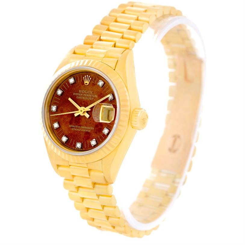 The image shows a Rolex President 69178 Women
s Yellow Gold Brown Dial 69178 Women
s Yellow Gold Brown Dial model watch at a slight angle, displaying the dial, bezel, crown, and bracelet.