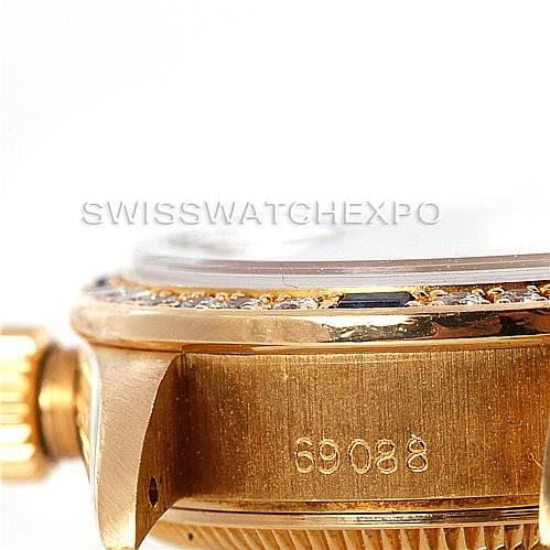 This image shows a close-up of the side view of a Rolex President 69088 Women's Yellow Gold Blue Dial 69088 Women's Yellow Gold Blue Dial watch, focusing on the model number, crown, and part of the case.