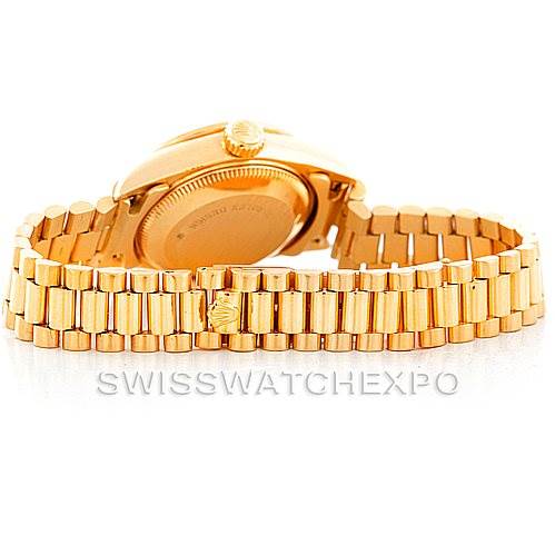 The image shows the back case and bracelet of a Rolex President 69088 Women's Yellow Gold Blue Dial 69088 Women's Yellow Gold Blue Dial model watch in gold, viewed from the rear angle.