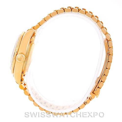 The image shows a side view of the Rolex President 69088 Women's Yellow Gold Blue Dial 69088 Women's Yellow Gold Blue Dial model watch, highlighting the crown and bracelet.