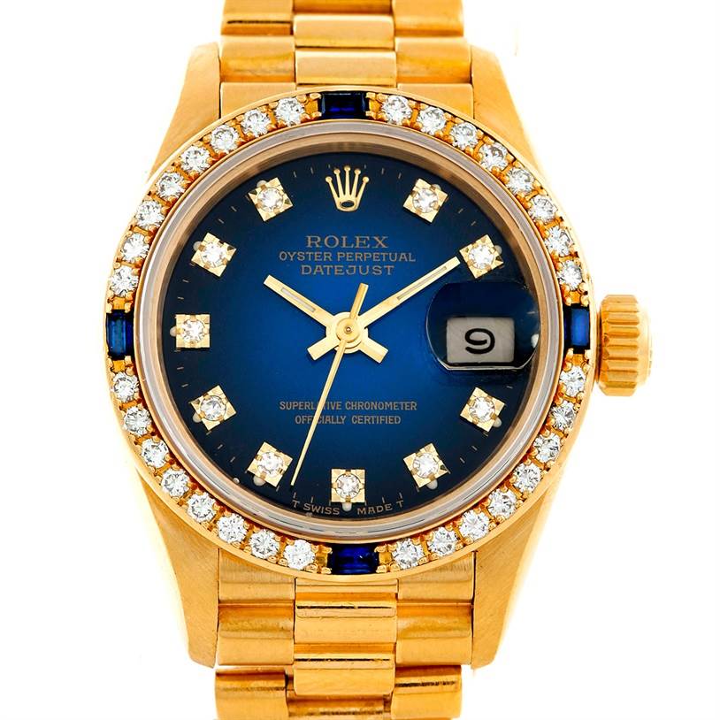 Rolex President Ladies 18k Yellow Gold Diamond Sapphires Watch 69088 ...