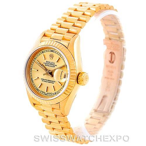 The image shows a side and partial front view of a Rolex President 69178 Women's Yellow Gold Champagne Dial 69178 Women's Yellow Gold Champagne Dial model watch, highlighting the face, bezel, and bracelet.