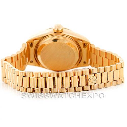 This image shows the back case and bracelet of a Rolex President 69178 Women's Yellow Gold Champagne Dial 69178 Women's Yellow Gold Champagne Dial model watch from a rear angle.